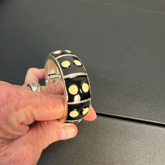 Premiere Design Enamel Black and Cream Polka Dot Hinge Bracelet Cuff - Picture 4 of 11